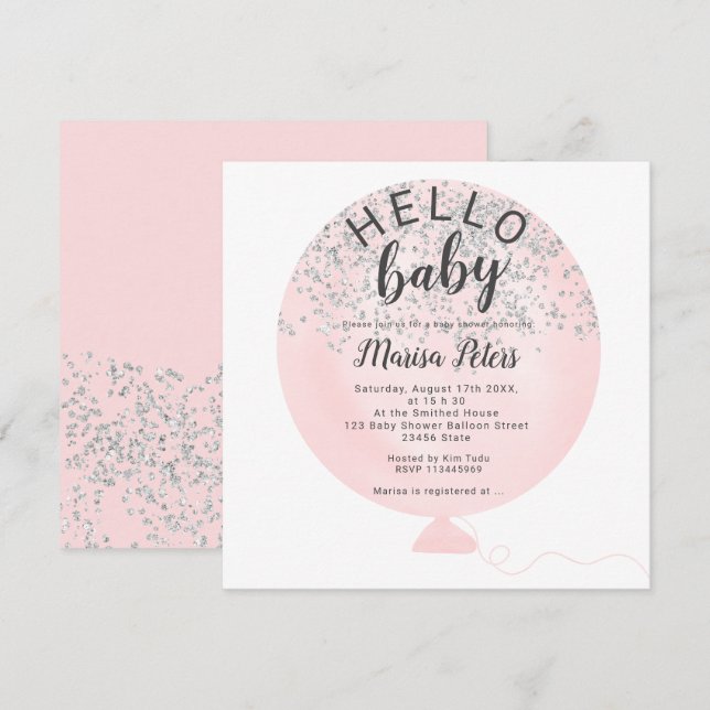 Invitation Baby shower à ballon rose vif parties scintillant  (Devant / Derrière)
