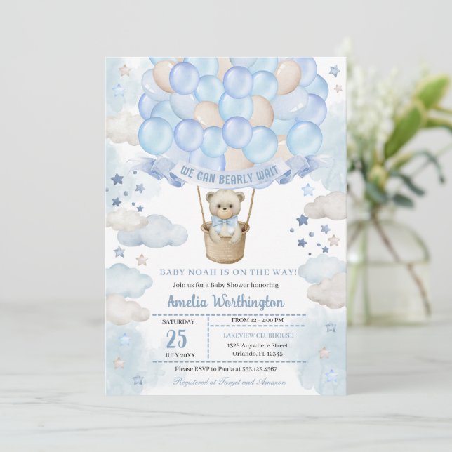 Invitation Baby shower à bulle à air chaud de l'ours en peluc (Debout devant)