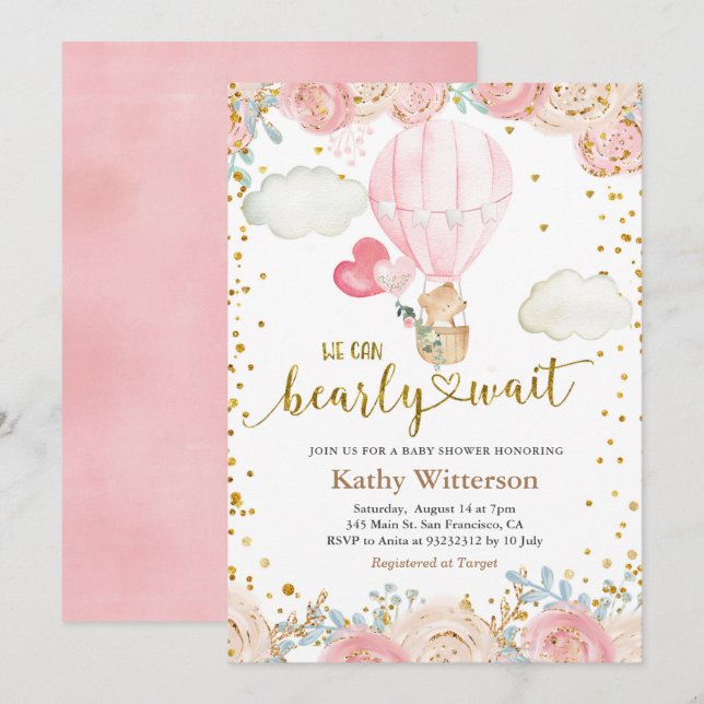 Invitation Baby shower à bulle à l'ours et au rose (Devant / Derrière)