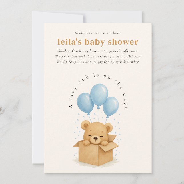 Invitation Baby shower à bulle d'ours bleu doux (Devant)