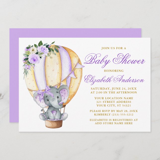 Invitation Baby shower à bulle floral violet Eléphant Bow (Devant / Derrière)
