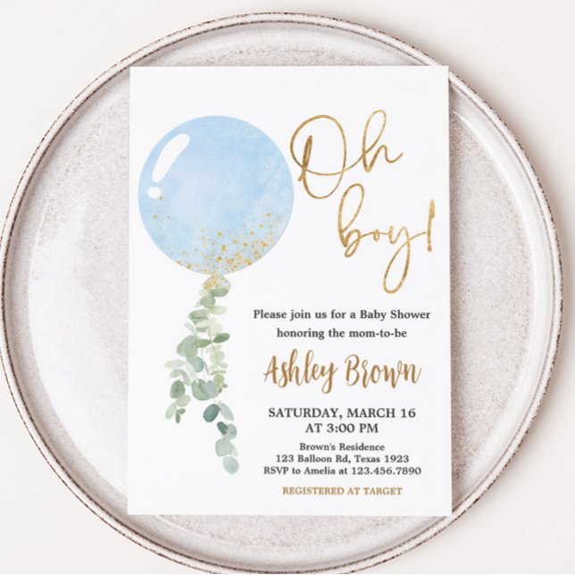 Invitation Baby shower à bulle Oh Boy (Blue Balloon Eucalyptus Baby Shower Invitation)