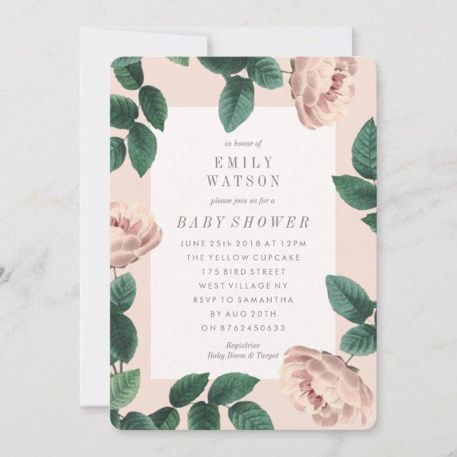 Invitation Baby shower à cadre rose rose rose rose (Devant)