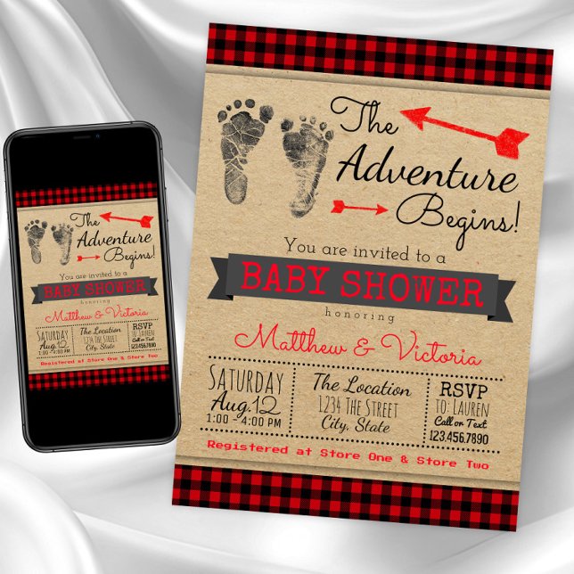 Invitation Baby Shower à carreaux de bœuf garçon (Buffalo plaid baby shower invitation. Instant download and printed invitations available.)