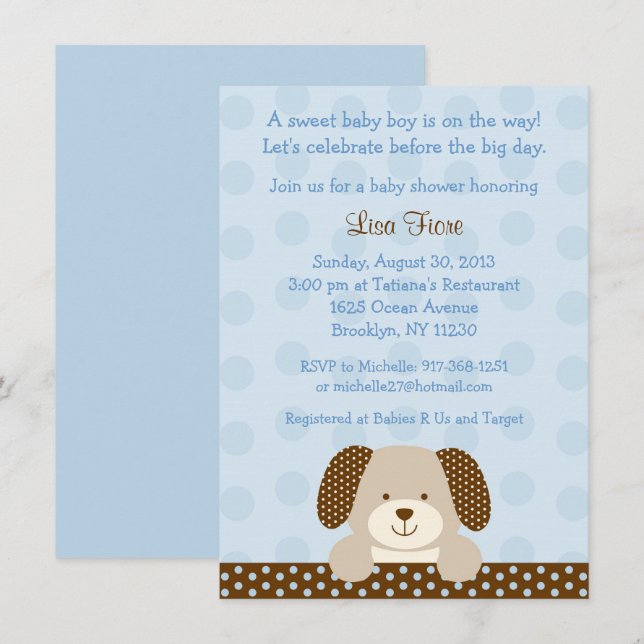 Invitation Baby shower à chiot bleu (Devant / Derrière)