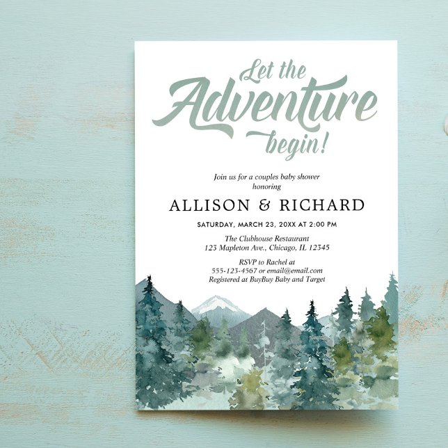 Invitation Baby shower à couples, montagnes forestières rusti (Créateur téléchargé)