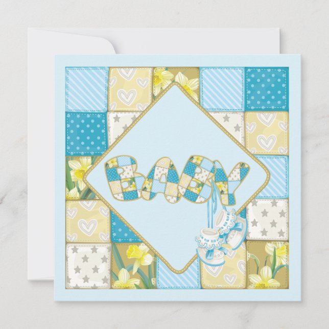 Invitation Baby shower à courtepointe bleu pour bébé et poche (Devant)