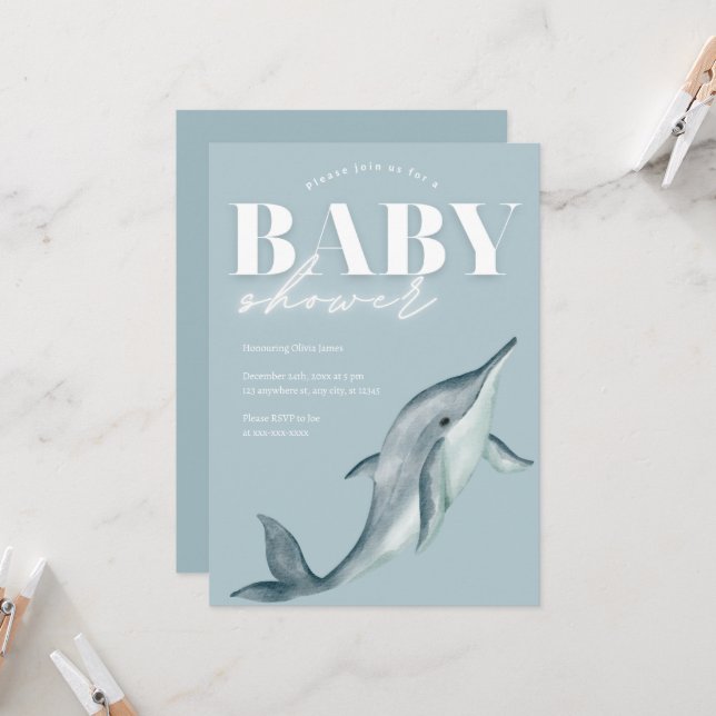 Invitation Baby shower à dauphins à thème océanique (Devant/Arrière en situation)