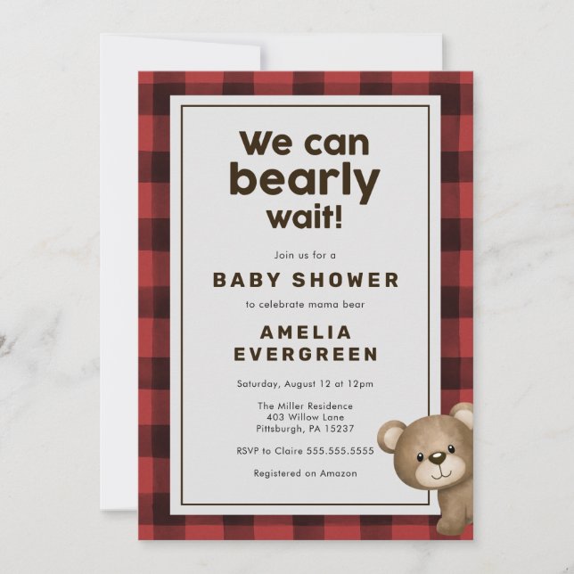 Invitation Baby shower à flanelle d'ours et de bûcherons (Devant)