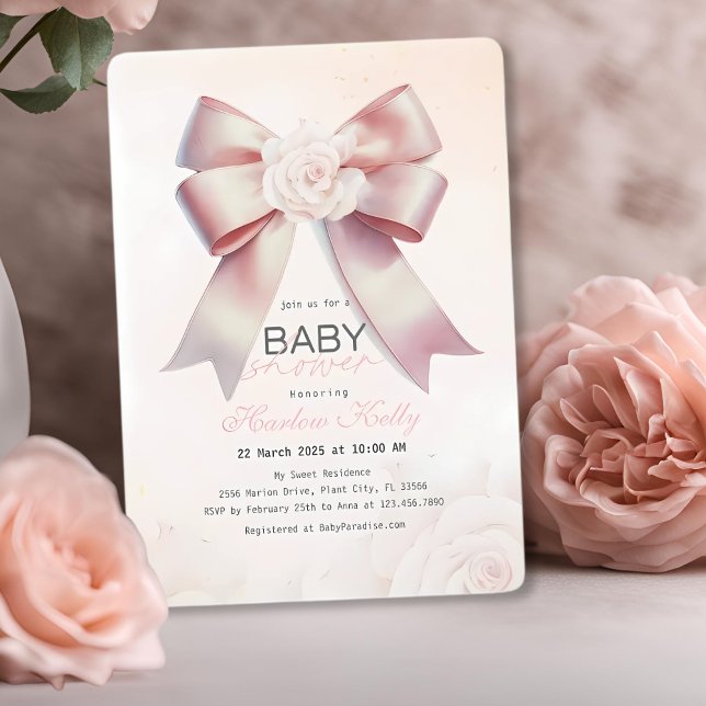 Invitation Baby shower à fleurs de Bow rose (Créateur téléchargé)