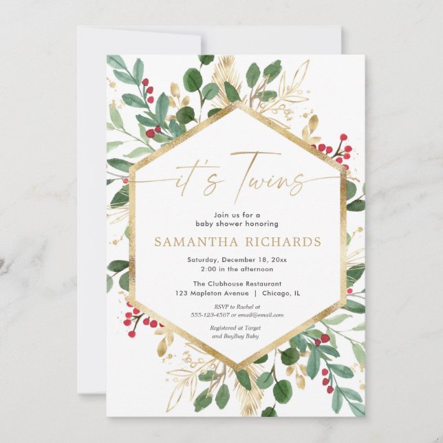 Invitation baby shower à fleurs de Noël Twin (Devant)