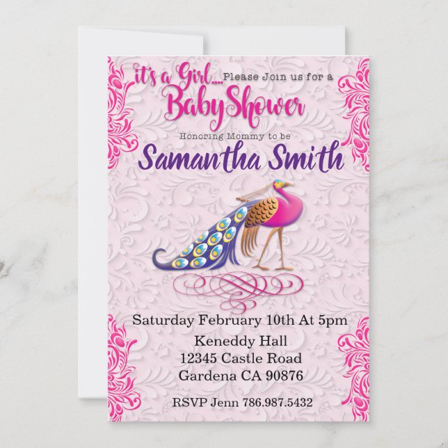 Invitation Baby shower à fleurs rose paon (Devant)