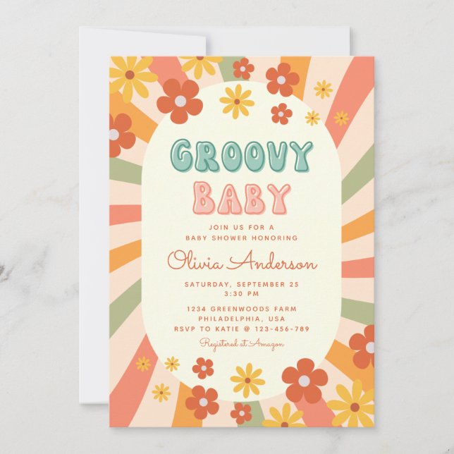 Invitation Baby shower à fleurs Super rétro (Devant)
