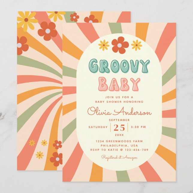 Invitation Baby shower à fleurs Super rétro (Devant / Derrière)