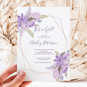 Invitation baby shower à fleurs violet or rose