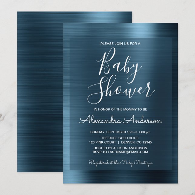 Invitation Baby shower à huile métallique bleu (Devant / Derrière)