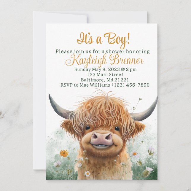 Invitation Baby shower à la vache Highland (Devant)