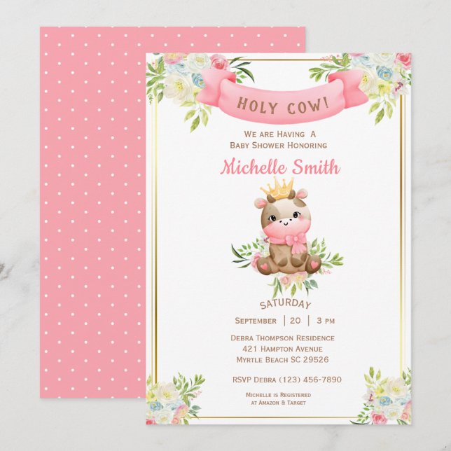 Invitation Baby shower à la vache rose pâle (Devant / Derrière)