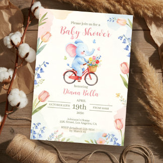 Invitation Baby Shower à l'Éléphant à Vélo Floral