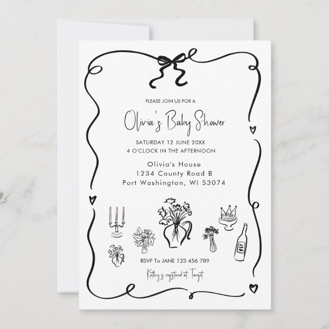 Invitation Baby shower à mâchoire noire dessiné à la main (Devant)