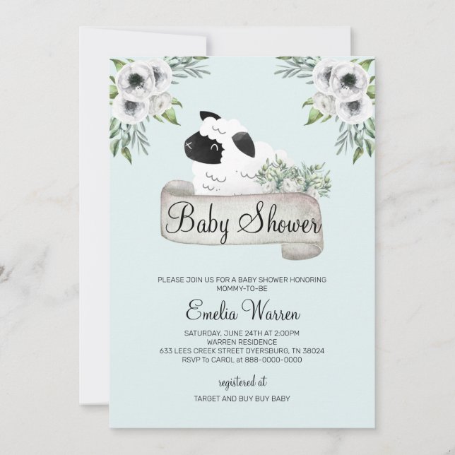 Invitation Baby shower à mouton Floral (Devant)
