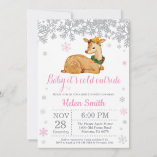 Invitation Baby shower à neige cerf hiver rose fille