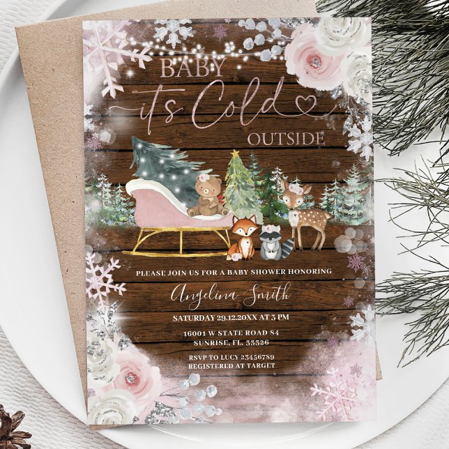 Invitation Baby shower à neige rose d'hiver Bois (Créateur téléchargé)