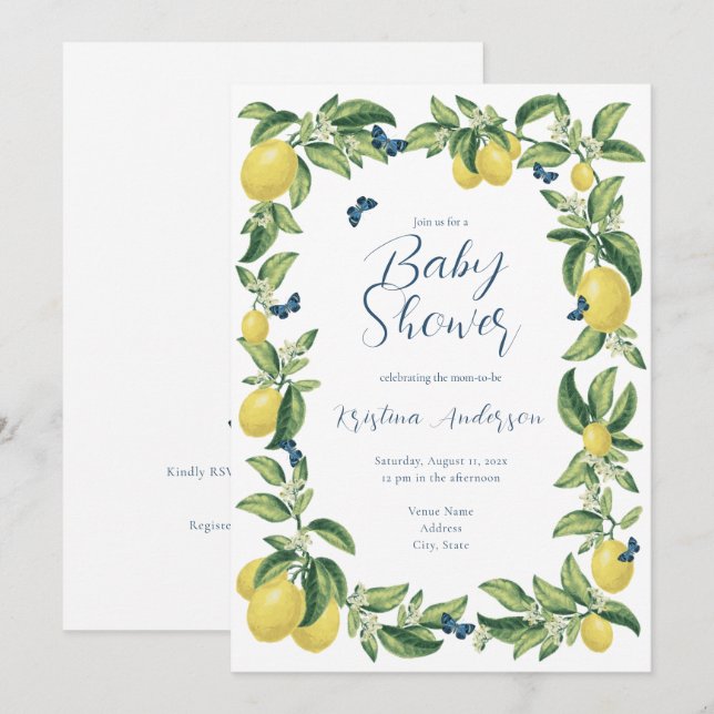 Invitation Baby shower à papillon Citrus bleu et citron (Devant / Derrière)