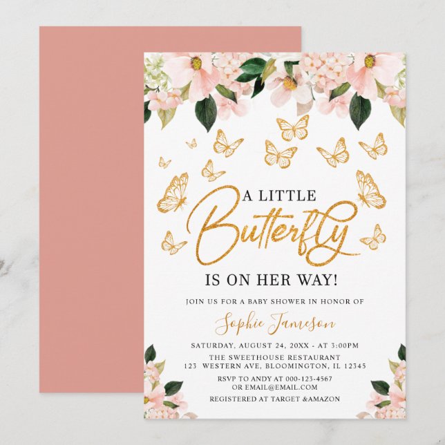 Invitation Baby shower à papillon floral rose pâle (Devant / Derrière)