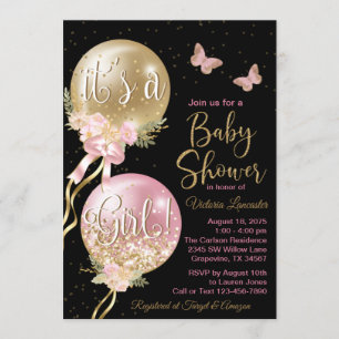 Invitation Baby shower à papillon noir rose