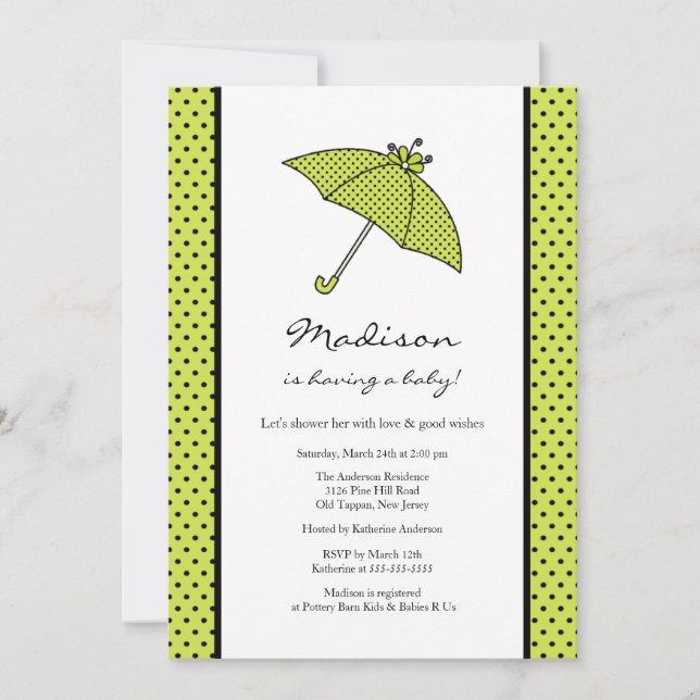 Invitation Baby shower à parapluies Pois verts (Devant)