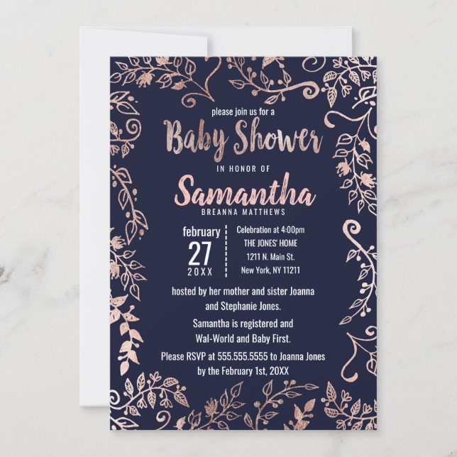 Invitation Baby shower à pinceau bleu de la marine Rose Gold  (Devant)