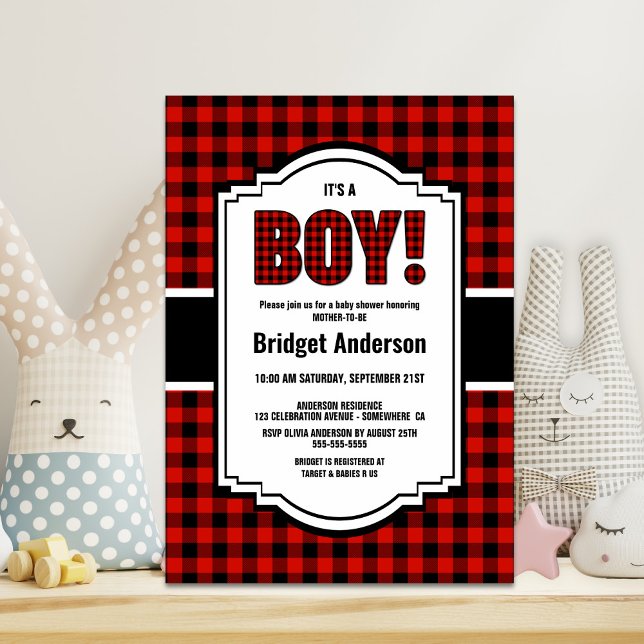 Invitation Baby shower à plat de buffle rouge et noir (Créateur téléchargé)