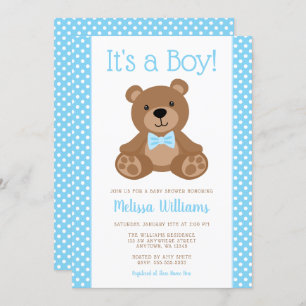 Invitation Baby shower à points bleu polka de l'ours doux