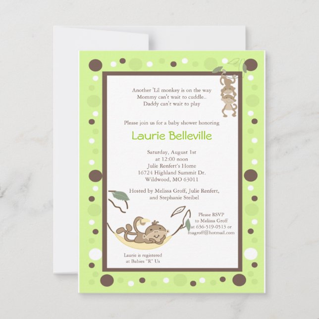 Invitation Baby shower à points Brown Monkey Business Green (Devant)