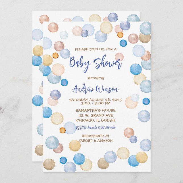 Invitation Baby shower à points Polka Brown et bleu (Devant / Derrière)