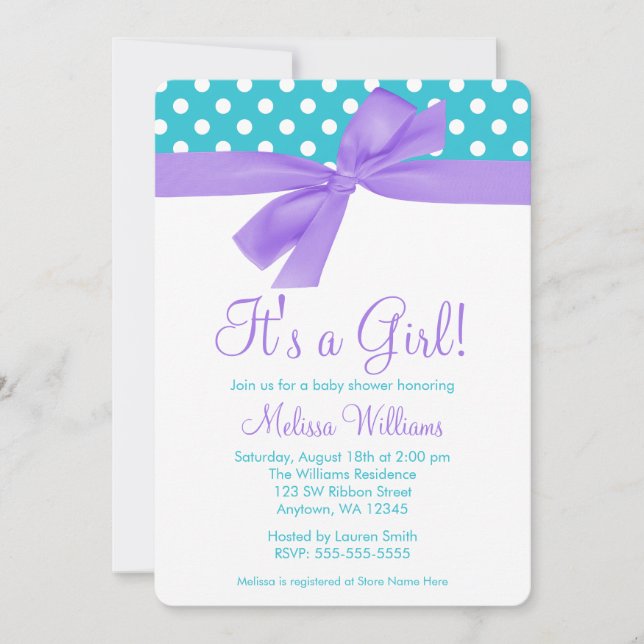 Invitation Baby shower à points Polka de Faux Bow et Turquois (Devant)