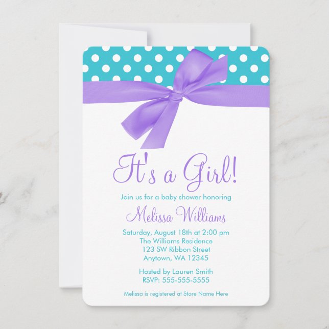 Invitation Baby shower à points Turquoises et violets (Devant)