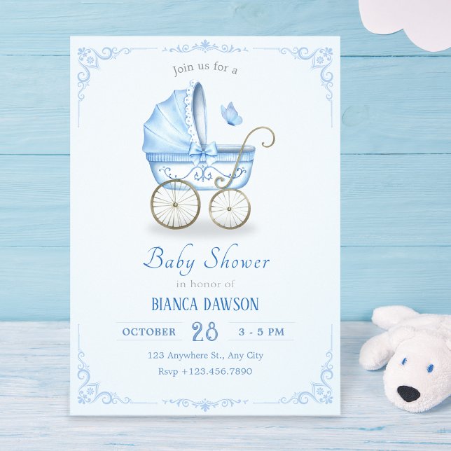 Invitation Baby shower à poussette bleu pastel (Créateur téléchargé)