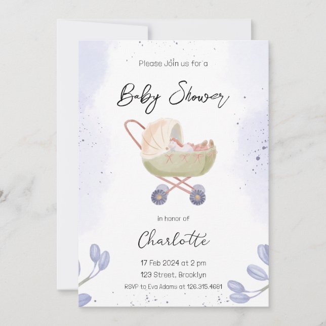 Invitation Baby shower à poussette simple blanc foncé violet (Devant)