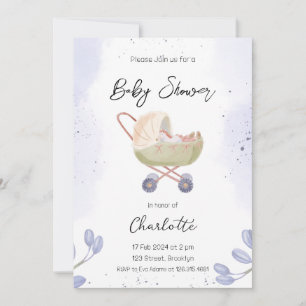 Invitation Baby shower à poussette simple blanc foncé violet