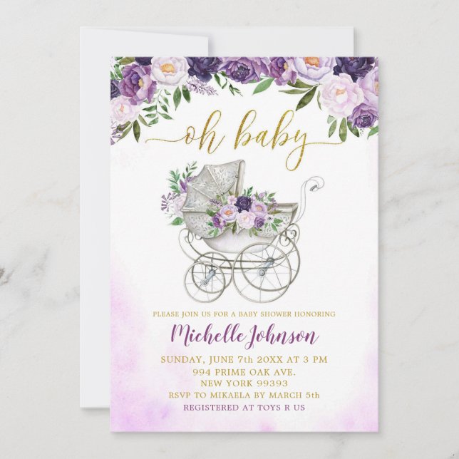 Invitation Baby shower à poussettes florales pourpre printemp (Devant)