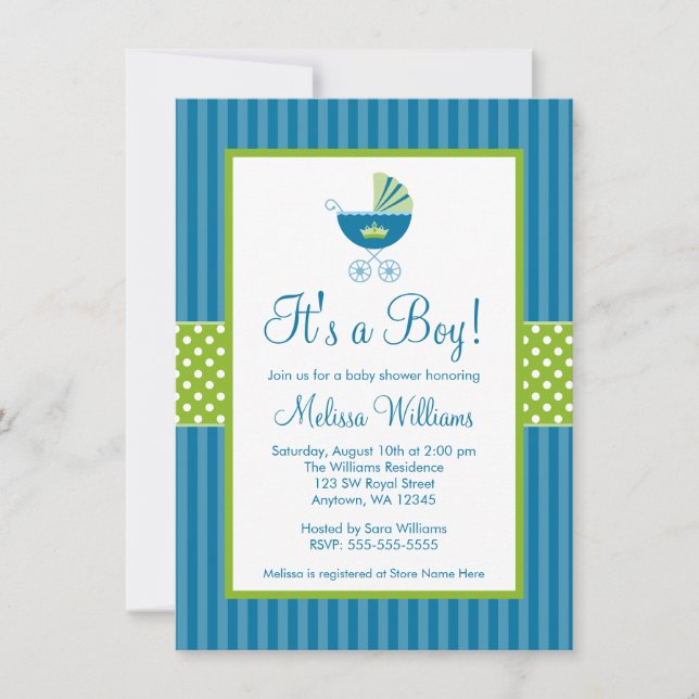Invitation Baby shower à rayures bleues du Prince Carriage (Devant)