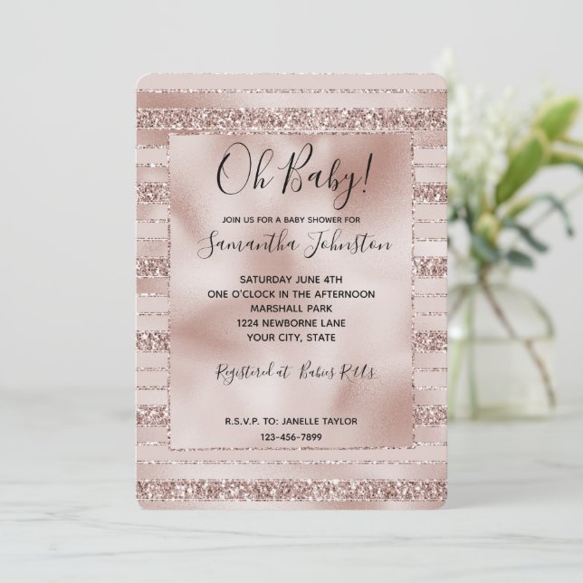 Invitation Baby shower à rayures de Parties scintillant rose  (Debout devant)
