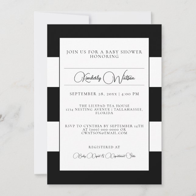 Invitation Baby shower à rayures noires (Devant)