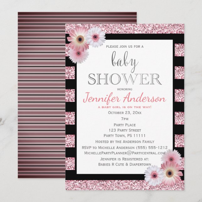 Invitation Baby shower à rayures rose noir (Devant / Derrière)