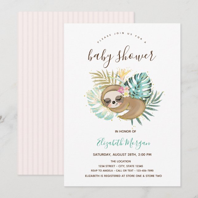 Invitation Baby shower à rayures roses couchant (Devant / Derrière)