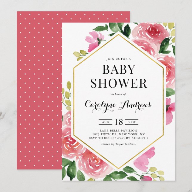 Invitation Baby shower à Rose à cadre fleuri rose (Devant / Derrière)