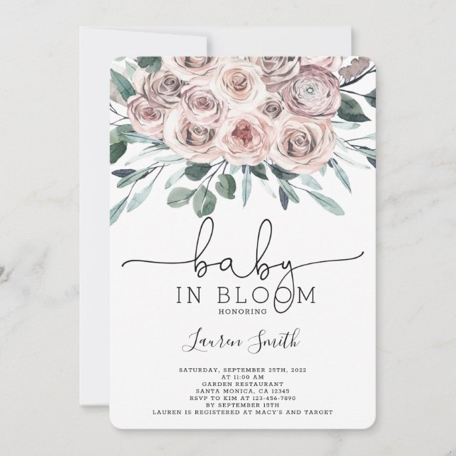 Invitation Baby shower à rose fleuri chic boho (Devant)