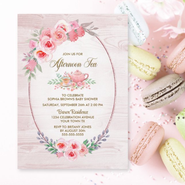 Invitation Baby shower à thé rose Floral Bois d'après-midi (Créateur téléchargé)